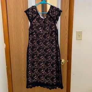 Pink and black lace short sleeved cocktail dress